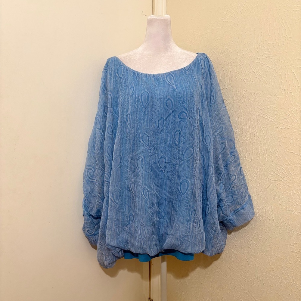 Light Blue Peacock Feather Print Sheer Layered Batwing Dolman Sleeve Blouse 3X